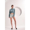 Chemise Crop Femme Bleu Clair En Denim